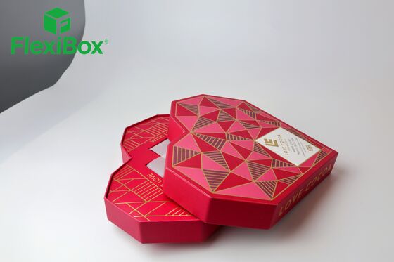 Flat Heart-Shaped Chocolate Gift Box with Gold-Stamped Geometric Patterns and Customizable Compartmentalized Interior