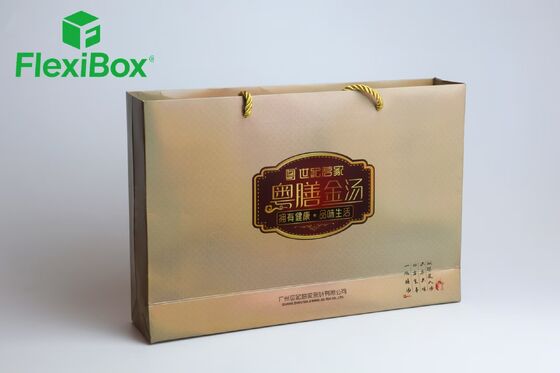 Champagne Gold Specialty Paper Gift Tote Bag with Red & Gold Hot-Stamped Emblem and Yellow Cord Handles