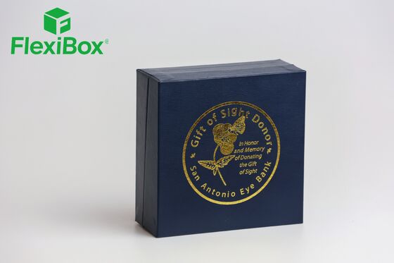 Deep Blue Memorial Gift Box with Gold Foil Stamping and Velvet Insert for Commemorative Honor Presentation