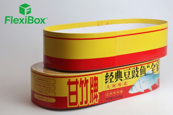 Oval Rigid Food Packaging Box with Festive Red and Yellow Finish and Multi-Can Insert Positioning for Canned Food Gift Box Sets