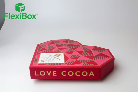 Flat Heart-Shaped Chocolate Gift Box with Gold-Stamped Geometric Patterns and Customizable Compartmentalized Interior