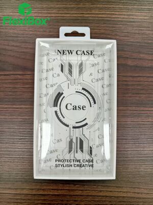 Phone case packaging box with transparent PET blister cover and hanging hole design for customizable back panel
