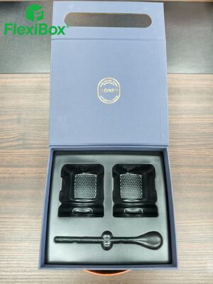 Custom Honey Gift Box with Book-Style Handle and Dark Grey-Blue Cross-Hatch Paper Featuring Gold Foil Stamping