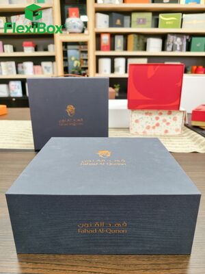 Custom Honey Gift Box with Book-Style Handle and Dark Grey-Blue Cross-Hatch Paper Featuring Gold Foil Stamping