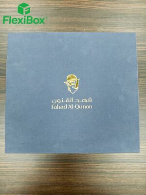 Custom Honey Gift Box with Book-Style Handle and Dark Grey-Blue Cross-Hatch Paper Featuring Gold Foil Stamping