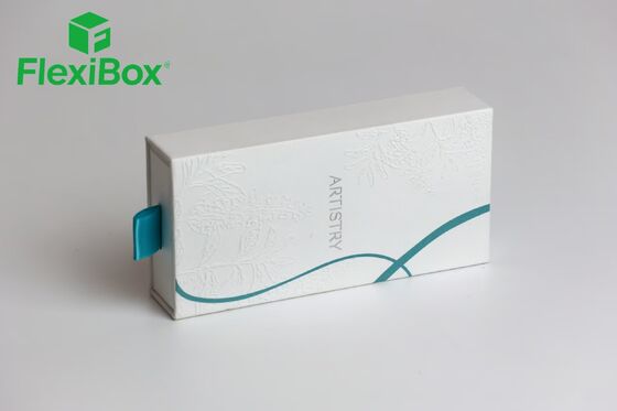 White Specialty Paper Drawer-Style Rigid Box with Custom-Molded Blister Insert and Teal Pull Tab for Beauty Devices