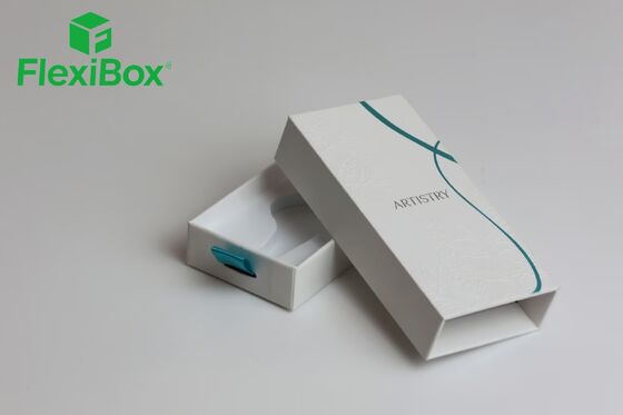 White Specialty Paper Drawer-Style Rigid Box with Custom-Molded Blister Insert and Teal Pull Tab for Beauty Devices