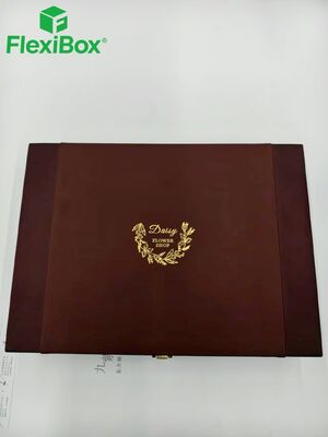 Custom Brown Flip Top Rigid Box with Gold-Tone Metal Hardware and Custom Flocked Insert for Premium Gift Packaging
