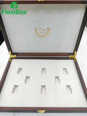 Custom Brown Flip Top Rigid Box with Gold-Tone Metal Hardware and Custom Flocked Insert for Premium Gift Packaging