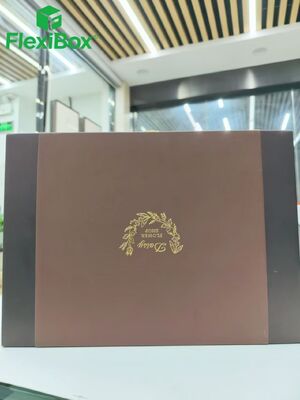 Custom Brown Flip Top Rigid Box with Gold-Tone Metal Hardware and Custom Flocked Insert for Premium Gift Packaging