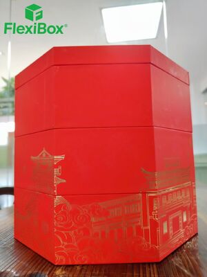 Custom Octagonal Double-Layer Mooncake Gift Box with Red and Gold Color Scheme and Food-Grade PET Blister Tray