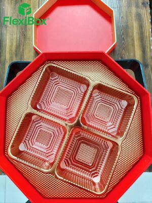 Custom Octagonal Double-Layer Mooncake Gift Box with Red and Gold Color Scheme and Food-Grade PET Blister Tray