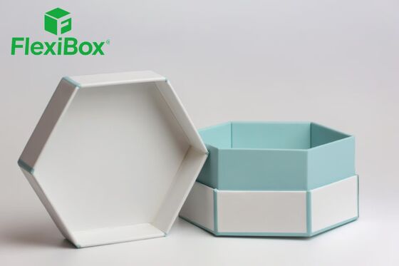 Hexagonal Gift Box and Foldable Storage Box with Hexagonal Foldable Structure, Recessed Insert for Circular Items, and Custom Foil Stamping and Embossing