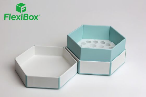 Hexagonal Gift Box and Foldable Storage Box with Hexagonal Foldable Structure, Recessed Insert for Circular Items, and Custom Foil Stamping and Embossing