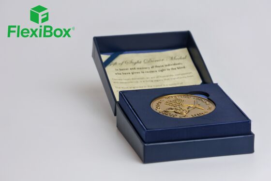 Deep Blue Memorial Gift Box with Gold Foil Stamping and Velvet Insert for Commemorative Honor Presentation