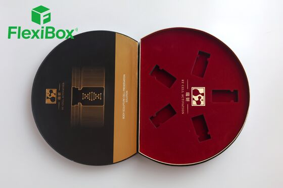 Round Rigid Cosmetic Packaging Box with Wine-Red Velvet Insert and Black & Gold Decoration for Luxury Gift Box Presentation
