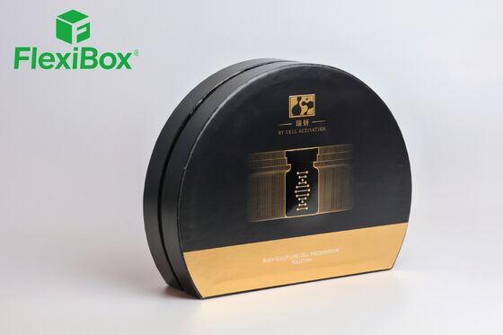Round Rigid Cosmetic Packaging Box with Wine-Red Velvet Insert and Black & Gold Decoration for Luxury Gift Box Presentation