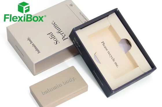 Caja de embalaje de perfumes sólidos con una estructura de caja dura de dos piezas y una bandeja interna de papel cortado a presión ecológica tamaño y material personalizables
