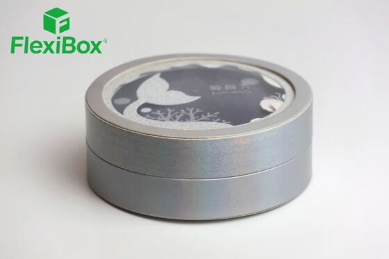 Caja de embalaje cosmético redonda de doble capa con ventana transparente y acabado metálico, caja de regalo redonda